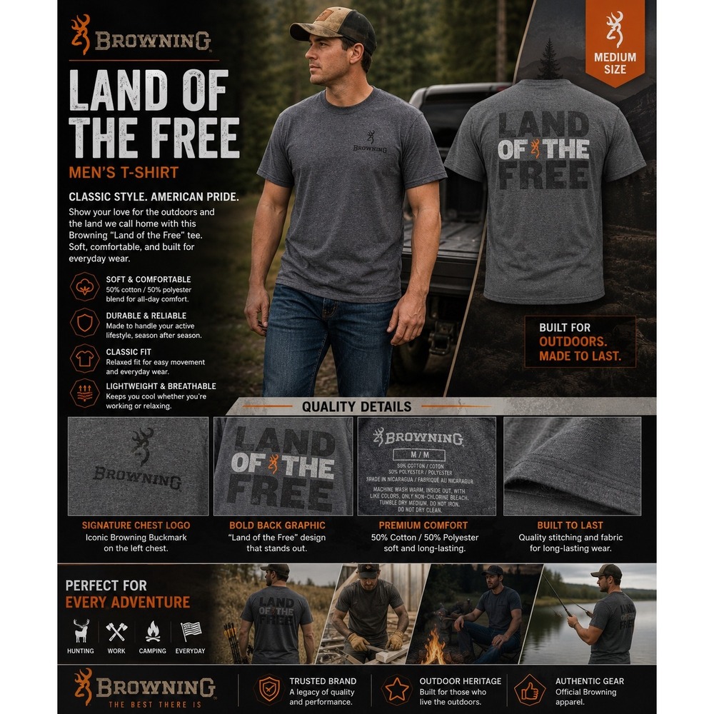 Browning Land of the Free Men's T-Shirt Medium Gray Buckmark Hunting Outdoor Tee